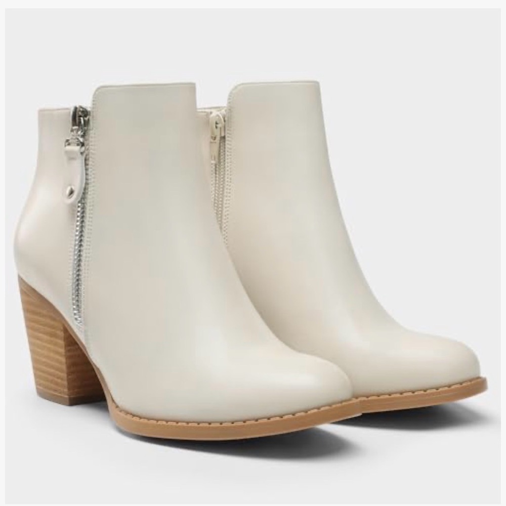 Cream Side-Zip Ankle Booties with Stacked Heel